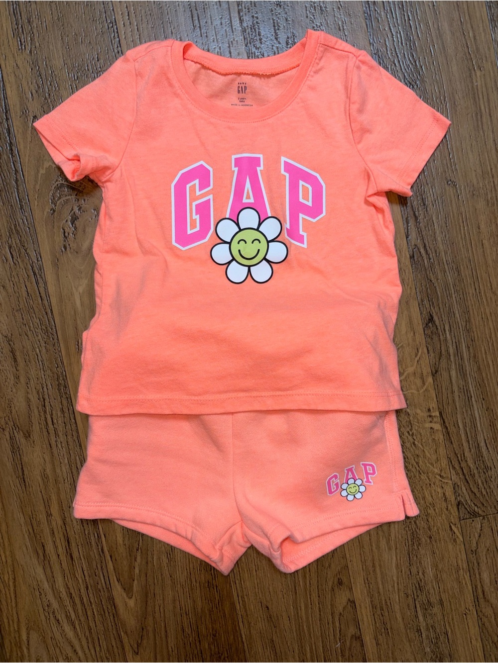 GAP Bright Coral Tee and Shorts Set with Daisy Graphic